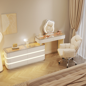 实木梳妆台新款卧室现代简约全景天窗氛围灯公主化妆桌斗柜一体