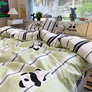 ins绿色可爱熊猫团子卡通四件套全棉1.5m1.8米宿舍被套床单三件套