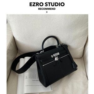 【EZRO】高级感！手工真皮牛皮黑色凯莉女包锁扣通勤单肩包手提包