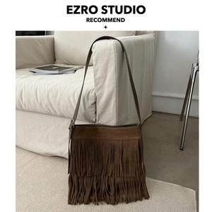【EZRO】流苏磨砂真皮麂皮托特包时髦个性牛皮包斜挎托特女包新款