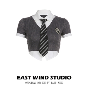 EAST WIND 学院风撞色拼接领带假两件衬衫女修身不规则燕尾短上衣
