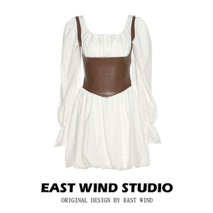 EAST WIND 甜酷复古PU皮拼接泡泡袖连衣裙小众设计假两件收腰短裙