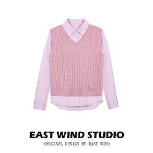 EAST WIND 美式学院风粉红色POLO领衬衣少女V领麻花针织马甲套装
