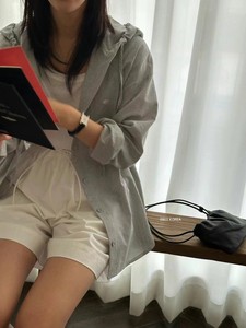 HI YANN 0903KOREA韩国东大门代购夏季新款条纹连帽防晒薄衬衫