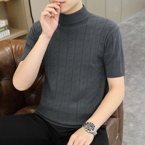 半高领短袖毛衣男秋冬季韩版潮流个性修身针织半袖中领修身打底衫