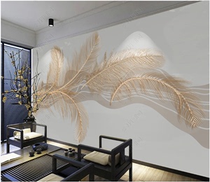 8d北欧时尚轻奢羽毛背景墙装饰壁画抽象浮雕金色线条沙发背景墙