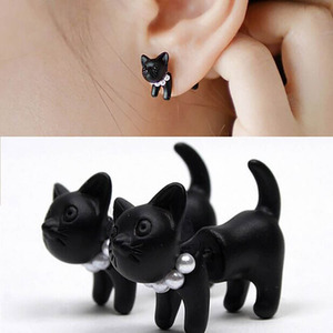 韩国复古黑色穿刺立体双面后挂式耳钉女珍珠可爱小猫咪耳环耳饰