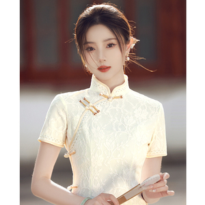 蕾丝旗袍裙2024年新款年轻款气质素雅高端少女夏季中式连衣裙白色
