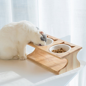 猫碗陶瓷双碗猫食盆斜面护颈不锈钢狗碗水碗实木碗架餐桌猫咪用品