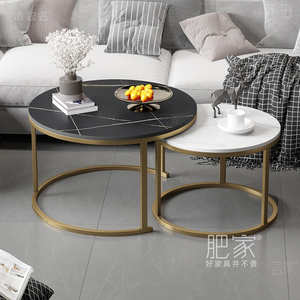 轻奢意式客厅高级感小圆桌圆形茶几时尚金色腿创意岩板茶台WW218