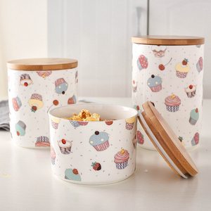 可爱创意陶瓷木盖密封罐子 干果杂粮糖果零食罐 茶叶罐厨房储物罐