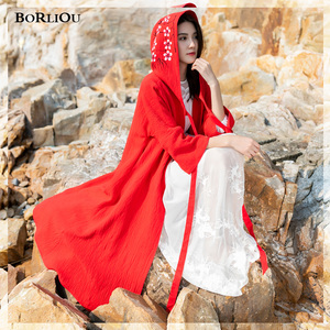 云南丽江民族风女装冬外套大红色青海湖连帽斗篷旅游拍照长袍披风