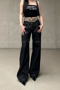 高个子设计感拼接豹纹牛仔裤女2024新款美式复古假两件直筒拖地裤