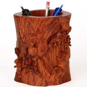 红木工艺品酸枝木雕刻办公桌小摆件实木喜上眉梢笔筒公司开业礼品
