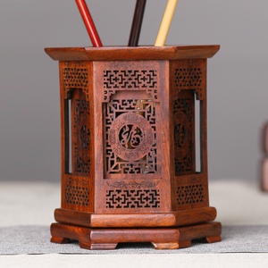 老挝大红酸枝笔筒 毛笔笔筒木制办公 红木雕工艺品旋转多功能摆件
