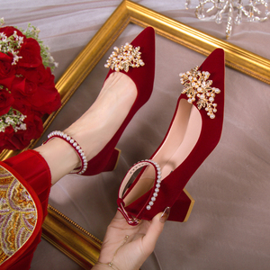 婚鞋女2024新款红色高跟鞋女中式秀禾服新娘婚鞋礼服伴娘鞋婚纱鞋