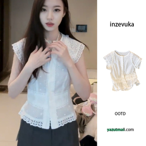 韩版白色圆领飞飞袖衬衫女夏款设计感收腰修身显瘦波浪边甜美上衣