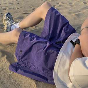 紫色速干短裤男夏季薄款宽松尼龙沙滩五分裤高街男生运动休闲中裤