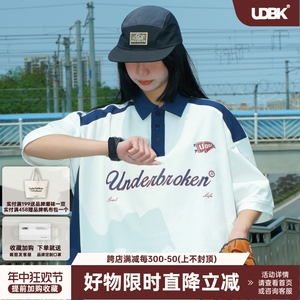 Underbroken(UDBK)复古拼接学院风撞色短袖POLO衫300g重磅纯棉T恤