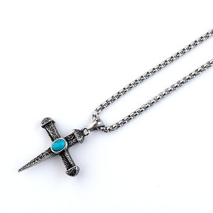 蓝宝石骷髅十字架项链女士长款吊坠全钛钢挂件欧美个性嘻哈毛衣链