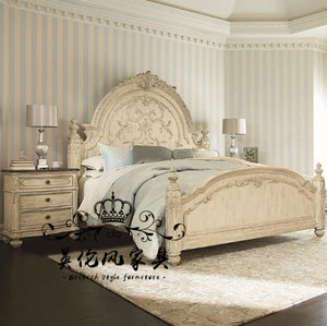 美式复古做旧双人床法式实木雕花卧室主卧大床欧式高柱别墅公主床