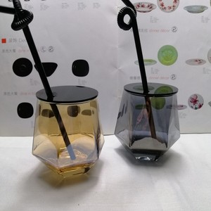 简约透明ins风六角棱形玻璃杯彩色亚克力塑料盖可定制logo美发杯