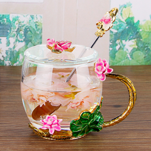 创意珐琅彩水杯带盖茶漏欧式水晶玻璃杯女子花茶礼品杯办公室茶杯