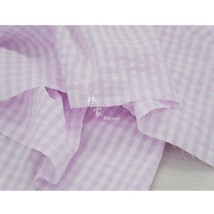 肌理感泡泡亚麻布料浅紫白色小格子连衣裙旗袍棉麻设计师全棉面料