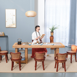 阳台藤编茶桌椅组合实木家用小茶台茶艺桌简约现代创意功夫泡茶桌