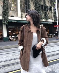 Smoid 韩国设计stu复古美拉德单排扣麂皮绒收腰棕色风衣外套夹克