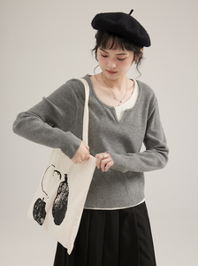 「北岛AMUU」日系设计感假两件宽松春季毛衣女打底针织衫内搭上衣