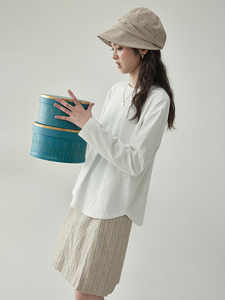 「北岛AMUU原创」白色圆领不规则线条长袖T恤女春设计感宽松上衣