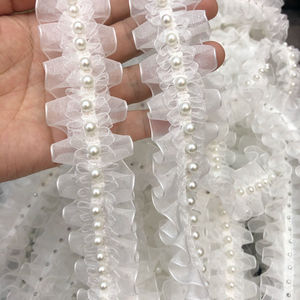 【长5米】白色钉珠花边辅料珍珠折叠雪纱衣服设计装饰手工diy布料