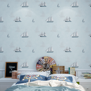 地中海风格蓝色帆船儿童房卡通壁纸女孩男孩房间卧室无纺布墙纸