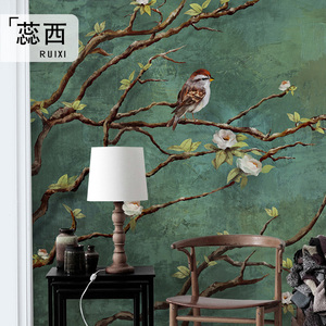 蕊西新中式手绘古典花鸟墙纸美式复古壁画卧室客厅电视背景墙壁纸