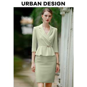 UD绿色西装连衣裙女夏气质播音主持艺考服装假两件前台接待工作服
