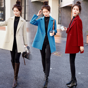 双面羊绒大衣女短款外套100%纯羊毛呢2023秋冬韩版修身小个子蓝色