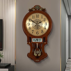 新中式日历挂钟客厅家用时尚挂墙轻奢摇摆时钟表欧式复古大气挂表