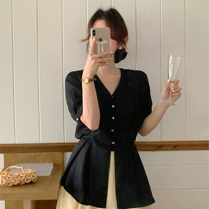 韩国设计感黑色V领短袖缎面上衣女夏季气质飘逸大摆半身长裙套装