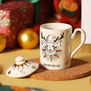 杯具熊马克杯咖啡杯带盖圣古诞春节情侣礼物礼盒上金鹿陶瓷水杯子