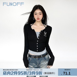 FUNOFF 美式复古黑色假两件挂脖纽扣长袖T恤上衣女辣妹打底内搭春