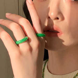 天然缅甸翡翠阳绿色戒指新中式玉指环国风原创设计女辣绿扳指老料