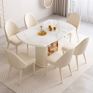奶油风岩板餐桌椅组合白色多功能家用小户型可折叠伸缩储物圆饭桌