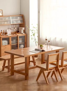 北欧全实木餐桌椅组合樱桃木长条桌凳日式大板桌家用诧寂风工作台
