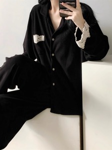 韩式黑色高级蕾丝花边长袖睡衣女秋季新款简约开衫长裤家居服套装