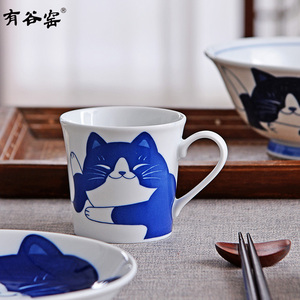 有谷窑日本进口卡通日式陶瓷一人食餐具蓝白英短猫饭碗杯面碗碟盘