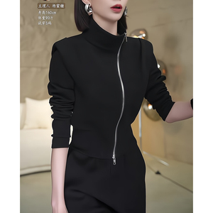 欧货时尚潮流设计感斜拉链高领卫衣外套女秋季黑色休闲短款上衣