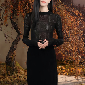 黑色蕾丝打底针织衫女秋季别致设计时尚气质百搭上衣修身内搭毛衣