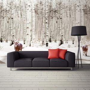 北欧电视背景墙3d立体壁画墙纸手绘素描森林麋鹿沙发卧室背景墙布