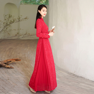 初蝉中国风红色旗袍秋冬女装改良中式复古高端过年唐装奥黛连衣裙
